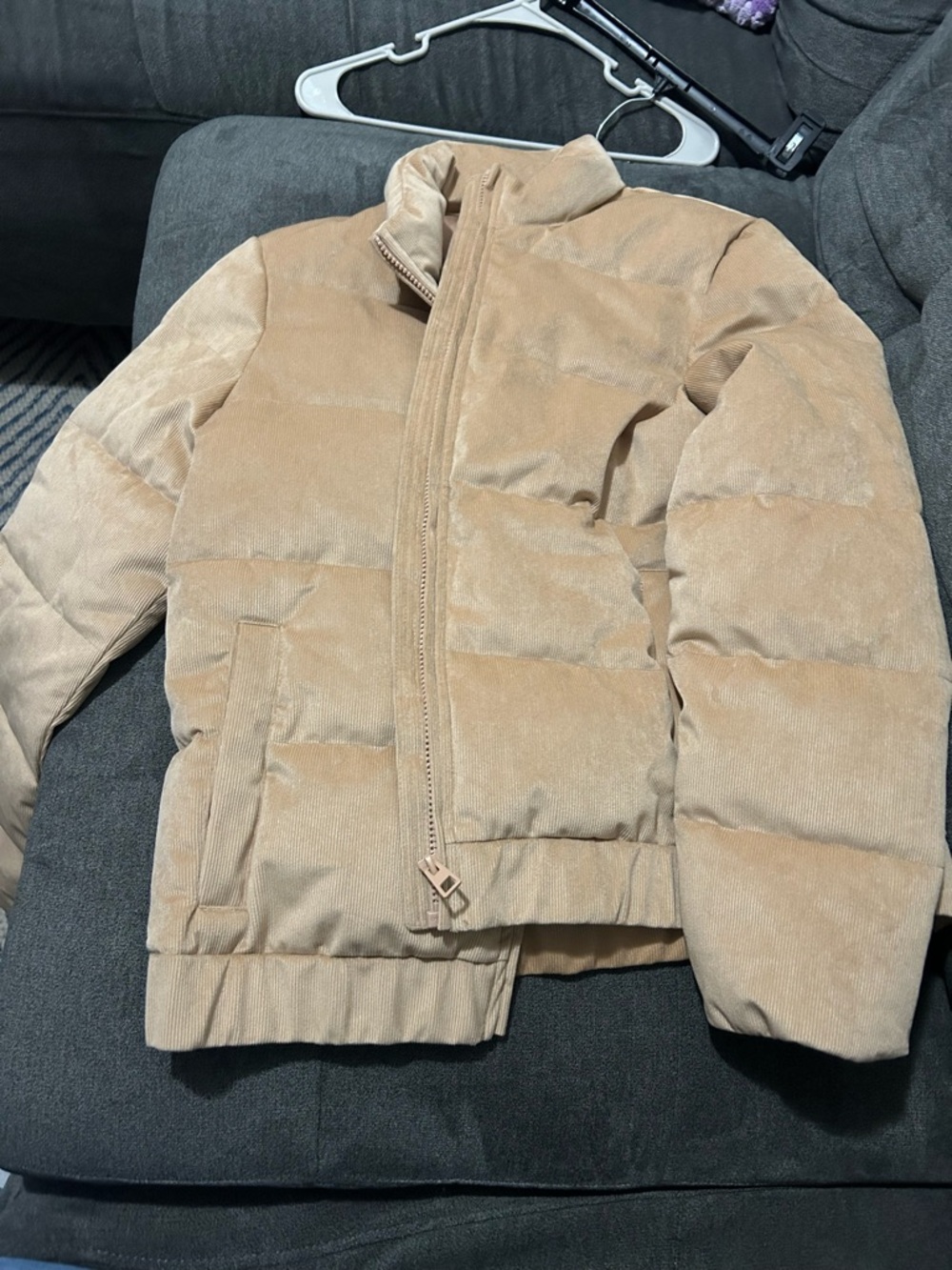 Corduroy-Textured Tan Puffer Jacket